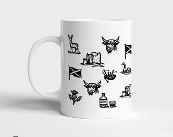 Scottish Ceramic Mug with Highland Cow, Nessie, Scotland Flag, Thistle | Scotland Mug, Scottish Gift