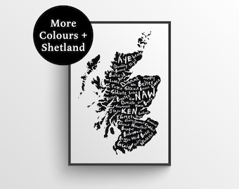 Impresión de palabras escocesas en el mapa de Escocia - Arte mural escocés - Impresión de Escocia - Impresión de mapa escocés - Regalo escocés - Arte escocés