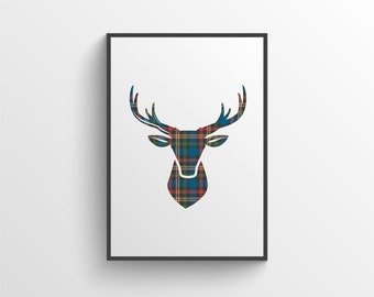 Impresión colorida de ciervo escocés - Arte mural escocés - Impresión de Escocia - Arte mural de tartán escocés - Regalo escocés - Arte escocés, regalo de tartán