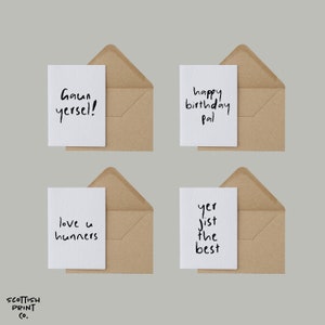 Pack of 4 Scottish Greeting Cards - Funny Scottish Cards - Scottish Birthday Cards - Scottish Thank You Card - Scottish Congratulations Card