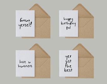 Paquete de 4 tarjetas de felicitación escocesas - Tarjetas escocesas divertidas - Tarjetas de cumpleaños escocesas - Tarjeta de agradecimiento escocesa - Tarjeta de felicitación escocesa