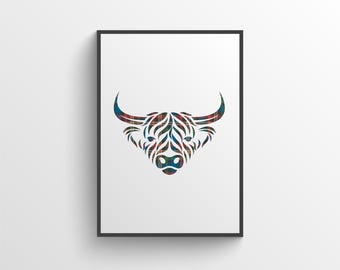 Estampado colorido de vaca de las Tierras Altas - Arte mural escocés - Estampado de Escocia - Arte mural de tartán escocés - Regalo escocés - Arte escocés, regalo de tartán