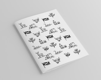 Cuaderno con iconos escoceses, bloc de notas en blanco tamaño A5, regalo de Escocia, papelería escocesa