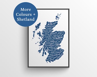 Impresión de palabras escocesas en el mapa de Escocia - Arte mural escocés - Impresión de Escocia - Arte mural con impresión de mapa escocés - Regalo escocés - Arte escocés