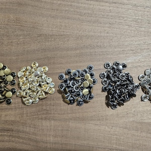 May include: Five piles of metal rivets in different finishes: brass, gold, silver, black, and nickel. The rivets are arranged in a row on a wooden surface.
