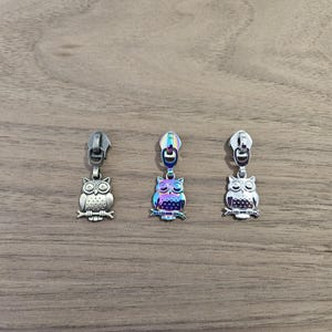 May include: Three metal zipper pulls with owl charms. Two are silver-toned, and one has a rainbow iridescent finish. Each owl is perched on a branch. The zipper pulls are displayed on a wooden surface.
