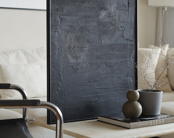 LA NUIT | Arte de parede moderna, minimalista e texturizada | Pintura em gesso | Estrutura em relevo | Arte abstrata | Pintura | com moldura