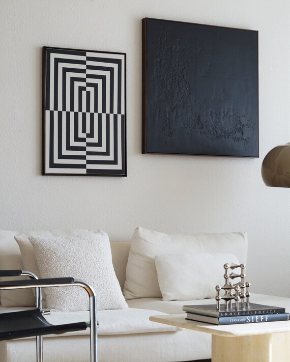THE MAZE | Moderne, minimalistische Kunst | Contemporary Art | Leinwand mit Vollholz Schattenfugenrahmen | Geometrical, Abstract Art | black