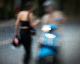 Escena de ensueño en Bangkok en lienzo e impresiones fotográficas / Escena familiar de Tailandia con motocicleta / Impresionismo fotográfico en bellas artes hechas a mano
