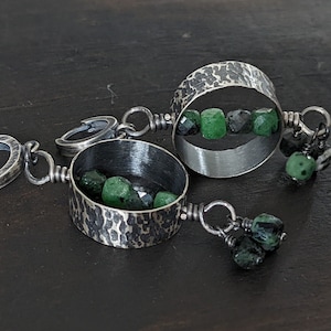 Oxidized silver and Ruby Zoisite earrings, Sterling silver earrings, Dangle earrings , Hoop earrings, raw silver earrings, circle earrings