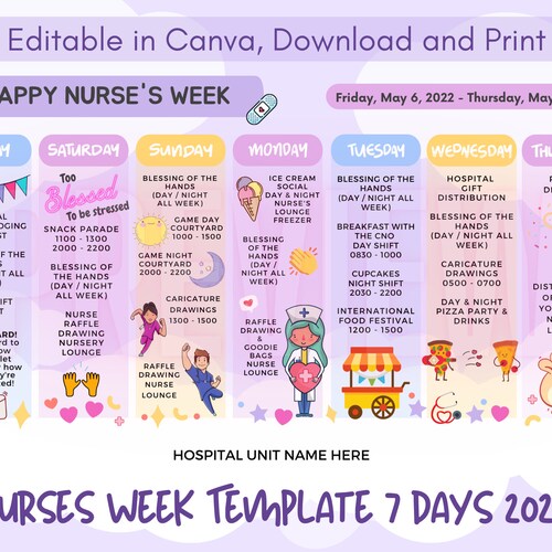 Editable Nurse Appreciation Week Itinerary Template Heart Etsy Nurses Week Calendar Of Events