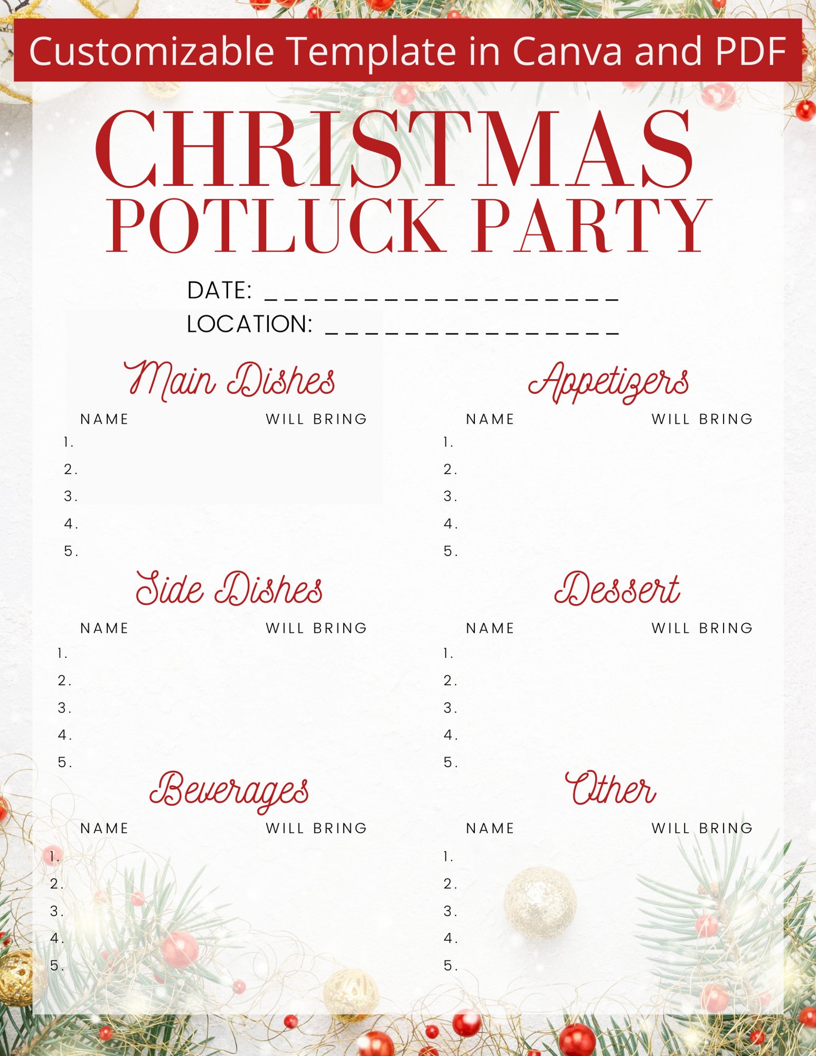 Editable Christmas Potluck Sign up Template canva and PDF Instant