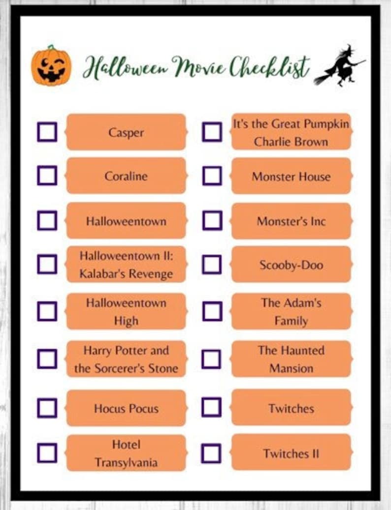 Halloween Movie Checklisthalloweenspookymoviemovie Etsy UK