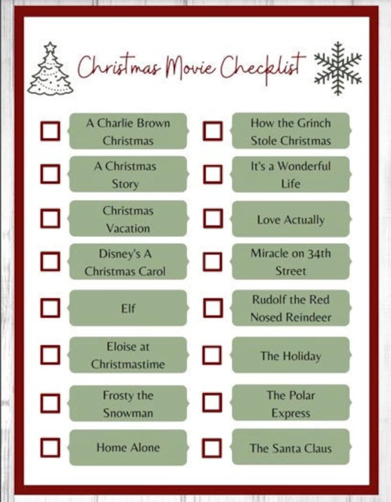 Christmas Movie Checklist-holiday Movie Checklist-family Movie Night ...