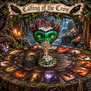 May include: A circular wooden table displays a deck of tarot cards arranged in a fan shape, centred around a green, heart-shaped vessel with a metallic tree-like base. A banner above reads Calling of the Crow, flanked by two black crows.