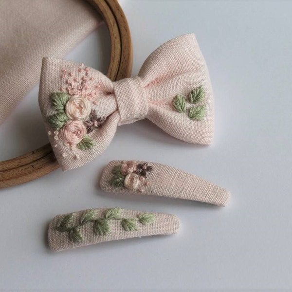 Floral Embroidered Hair Clip Bow, Classy Hair Accessories, Affordable Designer Hair Bows, Handcrafted Hair Accessory, Boho Clip Bows