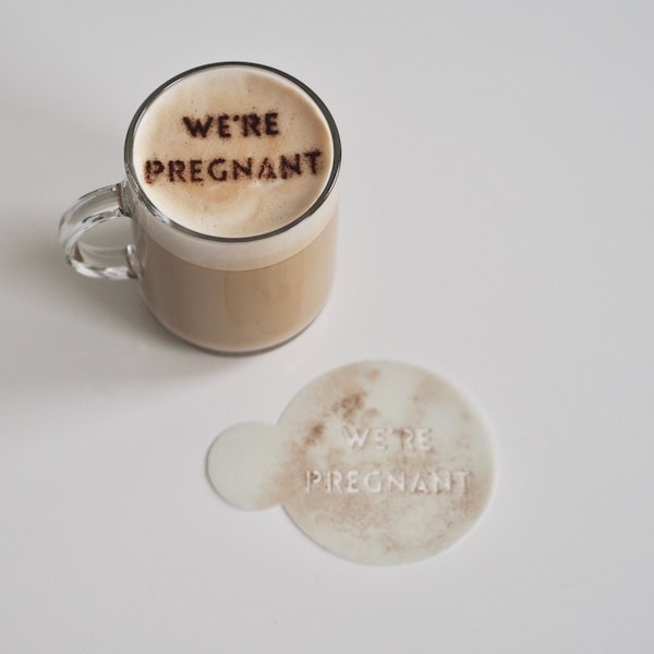 We’re Pregnant, Mother to Be, pregnancy reveal, Coffee Stencil, Cookie Stencil, Cake Decorating, Food Safe