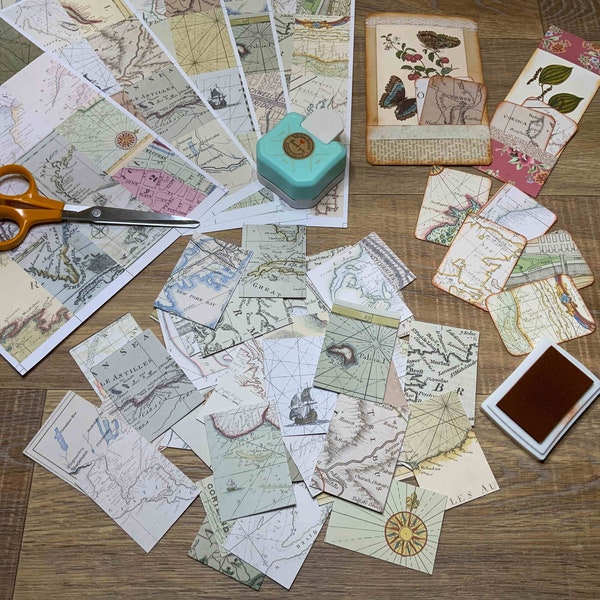 Antique Maps 80 cards to print 300dpi on A4 and self-cutting for scrapbooking Ephemeras Book pages Diaries Papercraft