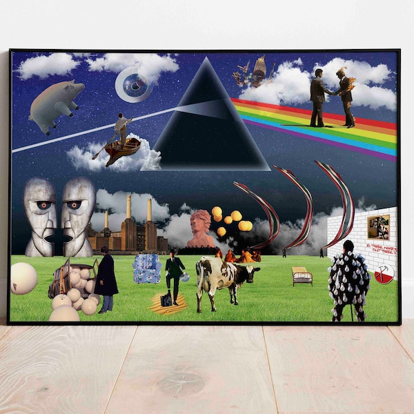 Pink Floyd Collage Art Poster 60x90cm (Instant Digital Download) Musik Print Home Decor Wandkunst, Rock Band Poster, Dark Side of the Moon