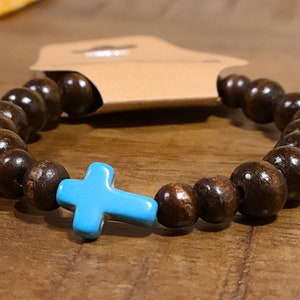 Cross Collection Wooden Bead and Cross Bracelet Variety of Colors Available Easter Gift Idea Adult Use Only Dk Brown/Teal Cross