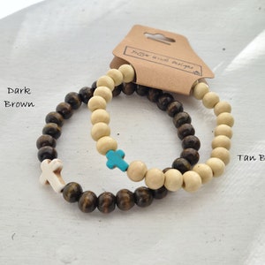 Cross Collection Wooden Bead and Cross Bracelet Variety of Colors Available Easter Gift Idea Adult Use Only Tan Band