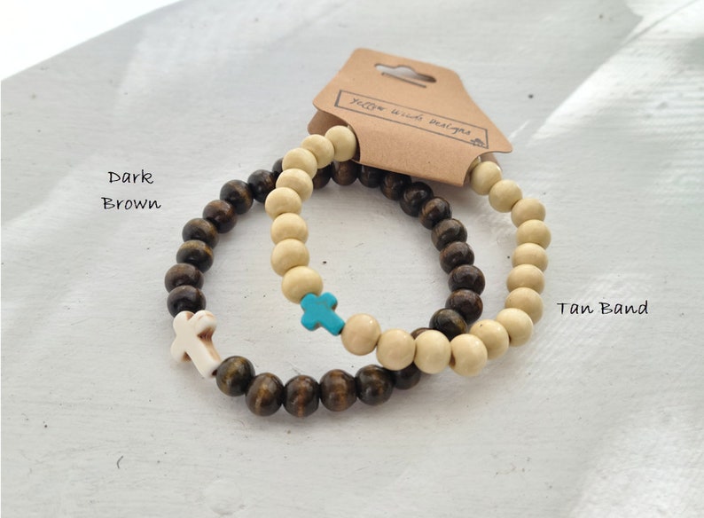 Cross Collection Wooden Bead and Cross Bracelet Variety of Colors Available Easter Gift Idea Adult Use Only Tan Band