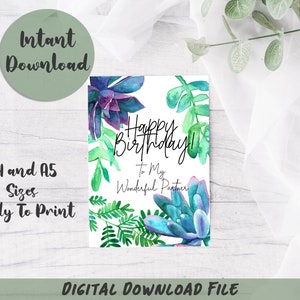 Cartão de felicitações com ilustração de suculentas em aquarela digital 'Feliz aniversário para meu maravilhoso parceiro'.