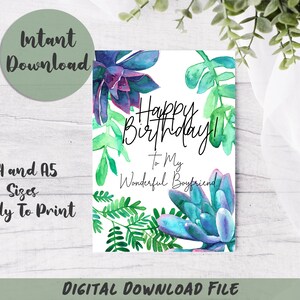 Cartão de felicitações com ilustração de suculentas em aquarela digital 'Feliz aniversário para meu namorado maravilhoso'.