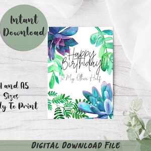 Cartão de felicitações com ilustração de suculentas em aquarela digital 'Feliz aniversário para minha outra metade'.