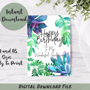 Cartão de felicitações com ilustração de suculentas em aquarela digital 'Feliz aniversário para minha namorada maravilhosa'.