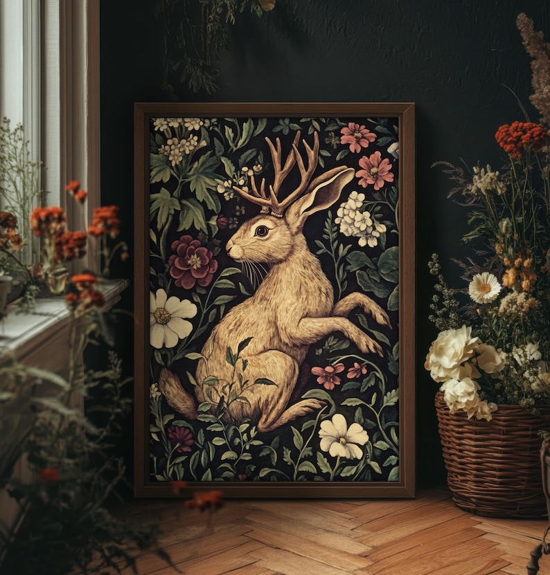 May include: A framed illustration of a brown rabbit with antlers sitting in a field of flowers. The rabbit is surrounded by green leaves and pink, white, and purple flowers. The background is a dark green.