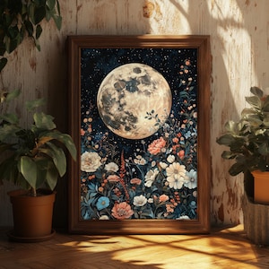 Pode incluir: Uma impress&atilde;o de arte digital que apresenta uma lua cheia com um c&eacute;u noturno estrelado e um campo de flores coloridas em primeiro plano.