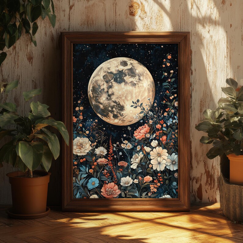 Pode incluir: Uma impress&atilde;o de arte digital que apresenta uma lua cheia com um c&eacute;u noturno estrelado e um campo de flores coloridas em primeiro plano.