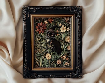Witchy Black Cat Print Dark Cottagecore, Halloween Decor William Morris Style Wall Art, Whimsigoth Botanical Art, PRINTED AND SHIPPED, #121