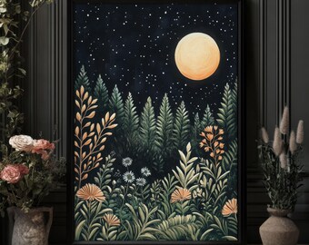 Night at the Forest Dark Cottagecore Folklore Style Art, Celestial Whimsigoth Decor, Botanical Print, PRINTED AND SHIPPED, #82