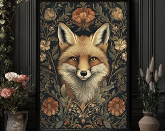 William Morris Fox Print, Dark Cottagecore, Green Floral Wall Decor, Botanical Pattern Print, PRINTED AND SHIPPED, #67