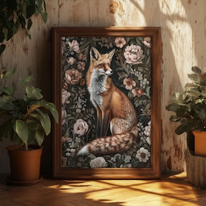 Floral Fox William Morris Print, Dark Cottagecore, Floral Wall Decor, Botanical Pattern Print, PRINTED AND SHIPPED, #39