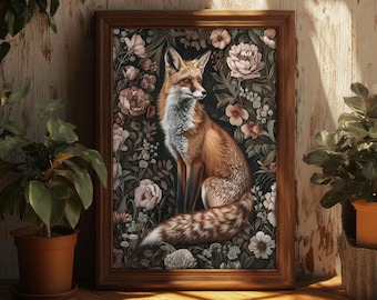 Floral Fox William Morris Print, Dark Cottagecore, Floral Wall Decor, Botanical Pattern Print, PRINTED AND SHIPPED, #39