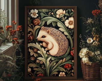 Hedgehog Print Dark Cottagecore, William Morris Style Wall Art, Mystical Botanical Folklore, Fall Decor, PRINTED AND SHIPPED, #117