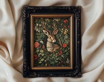 Jackalope Print William Morris Style Wall Art, Dark Cottagecore Mythical Creature, Folklore Art, Whimsigoth Print, PRINTED AND SHIPPED, #89