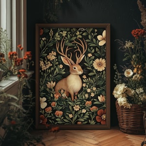 Jackalope in the Forest Print William Morris Style Wall Art, Dark Cottagecore Mythical Creature, Folklore Art, PRINTED AND SHIPPED, #94