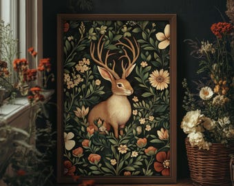 Jackalope in the Forest Print William Morris Style Wall Art, Dark Cottagecore Mythical Creature, Folklore Art, PRINTED AND SHIPPED, #94