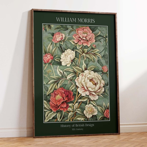 Peonies Print William Morris Style, Art Nouveau Wall Art, Dark Green Eclectic Decor, Botanical Tapestry Print, PRINTED AND SHIPPED, #26