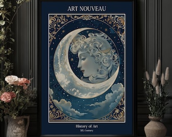 Moon Goddess Art Print, Celestial Art Nouveau Wall Art, Exhibition Print, Alphonse Mucha Style, PRINTED AND SHIPPED, #16