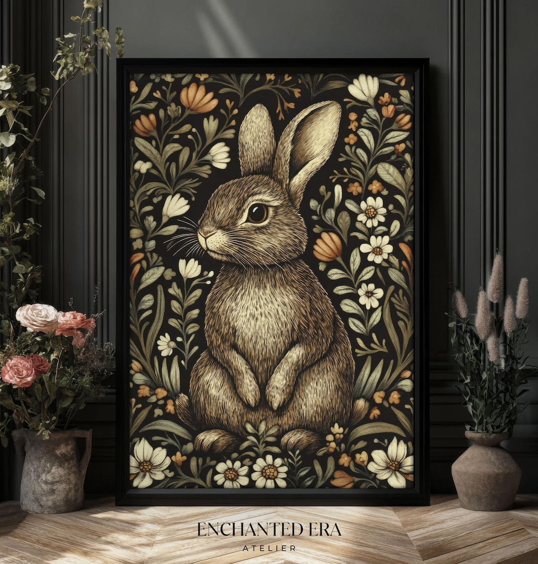 Moody Rabbit Print William Morris Style Wall Art, Dark Cottagecore ...