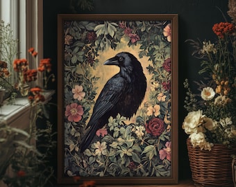 Black Raven Print Mystical William Morris Style Wall Art, Dark Cottagecore Folklore, Botanical Print, PRINTED AND SHIPPED, #100