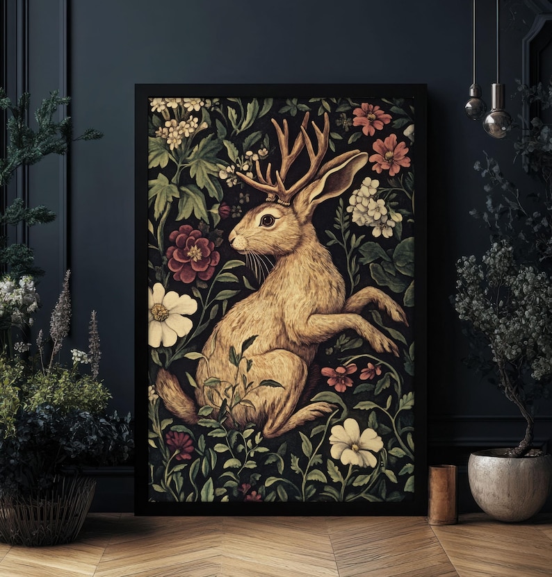 May include: A vintage-style illustration of a brown rabbit with antlers, surrounded by a lush garden of pink, white, and green flowers. The rabbit is sitting on its haunches, with its head turned to the side. The background is a dark green, creating a dramatic contrast with the bright colors of the flowers.