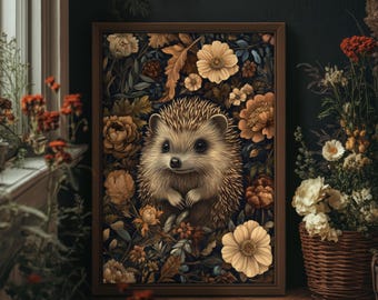 Hedgehog Botanical William Morris Style Print, Whimsigoth Decor, Floral Wall Art, Botanical Print, PRINTED AND SHIPPED, #58