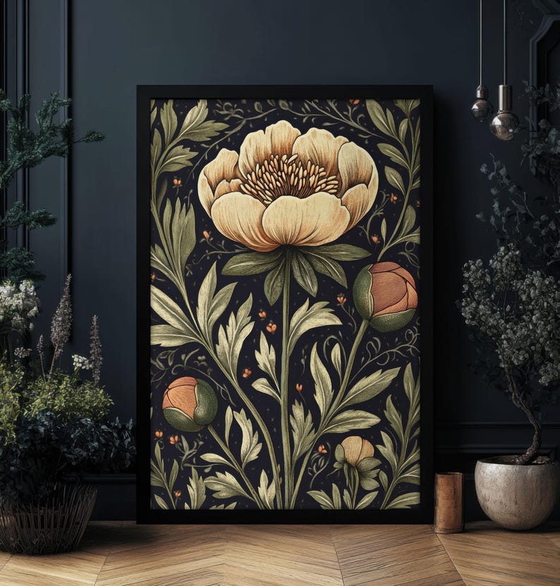 Moody Peony Print William Morris Style Wall Art, Dark Cottagecore, Moody Wall Decor, Whimsigoth Botanical Print, PRINTED AND SHIPPED, #90 image 5