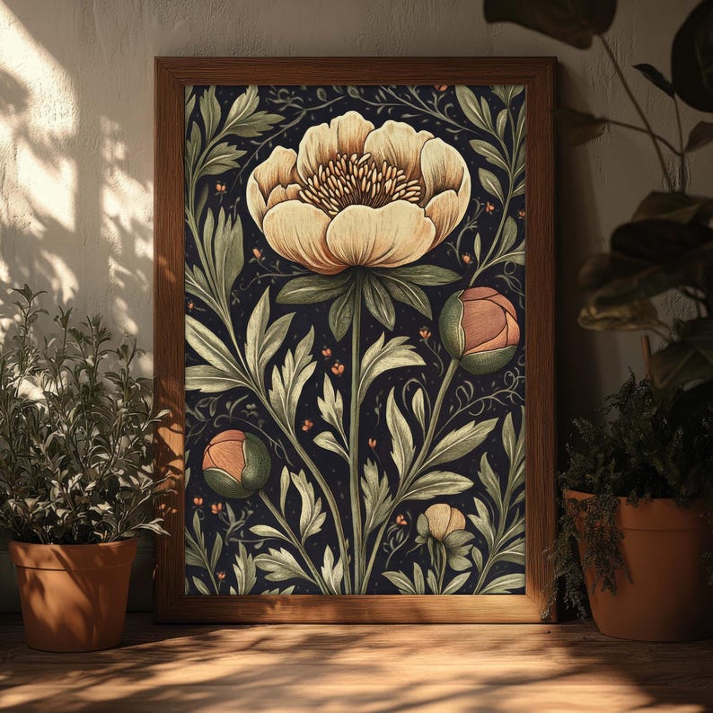 Moody Peony Print William Morris Style Wall Art, Dark Cottagecore, Moody Wall Decor, Whimsigoth Botanical Print, PRINTED AND SHIPPED, #90 image 10
